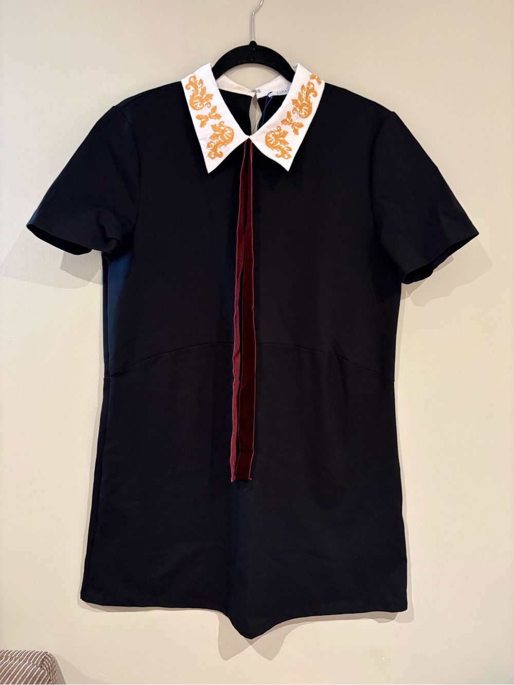 Zara Black Midi Dress with White Embroidered Collar and Burgundy Ties